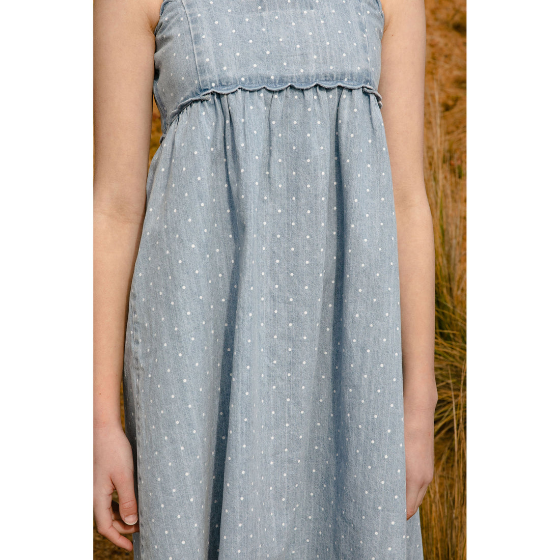 Steph Spotty Chambray Scallop Dress