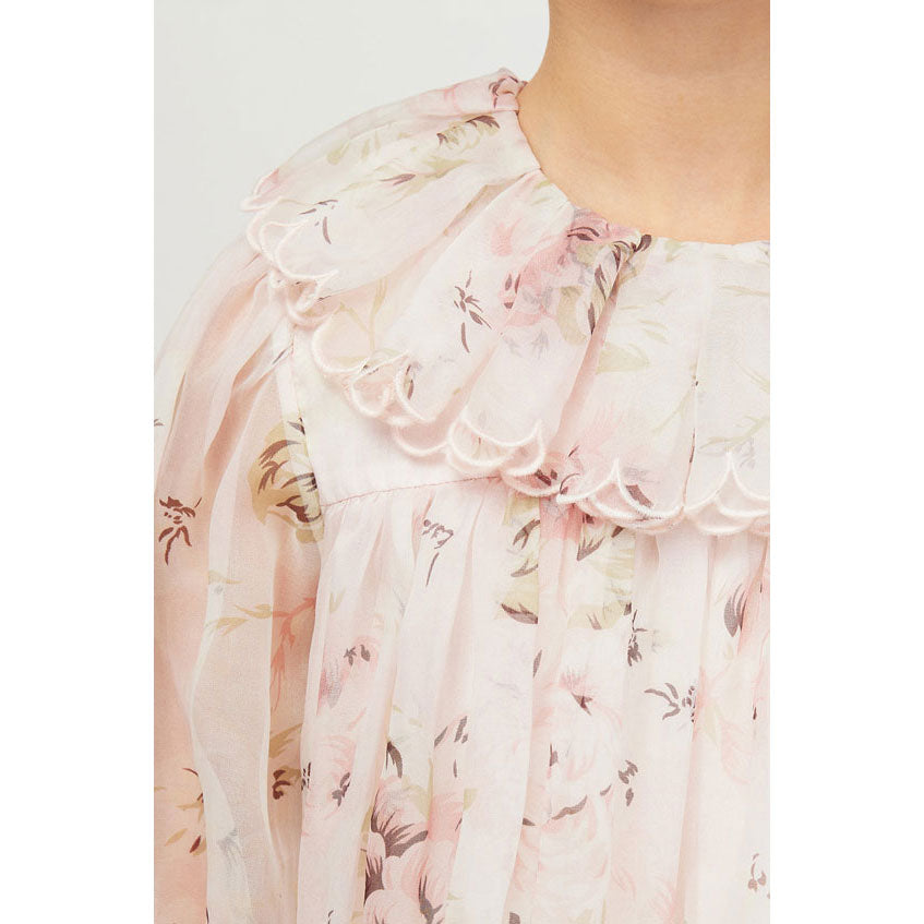 Petite Amalie Pink Print Rose Printed Organza Ruffle Collar Dress