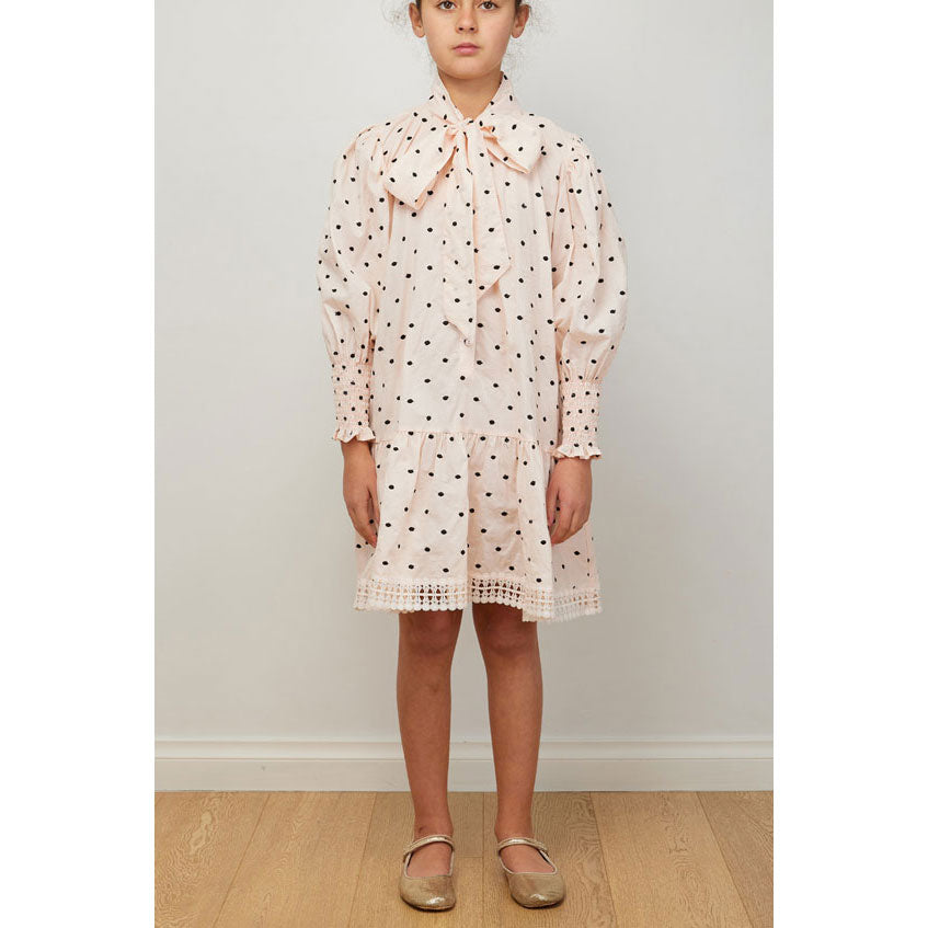 Petite Amalie Pink/Black Embrodiered Dot Bow Dress