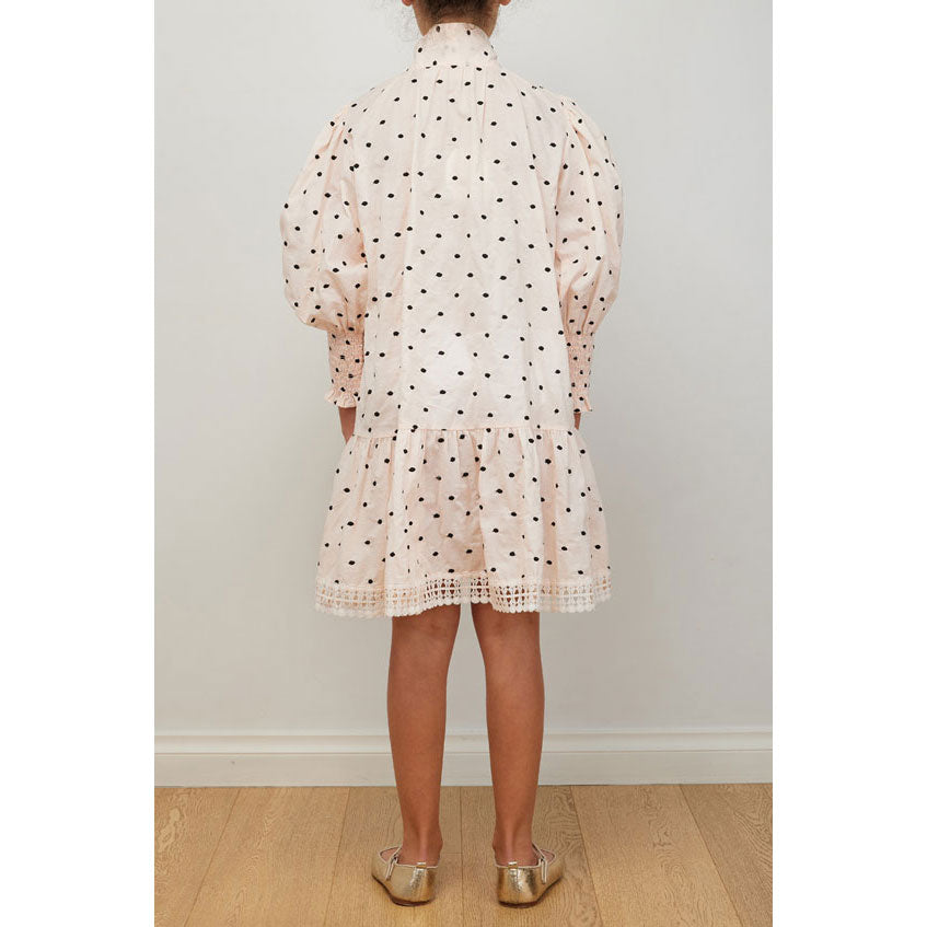 Petite Amalie Pink/Black Embrodiered Dot Bow Dress