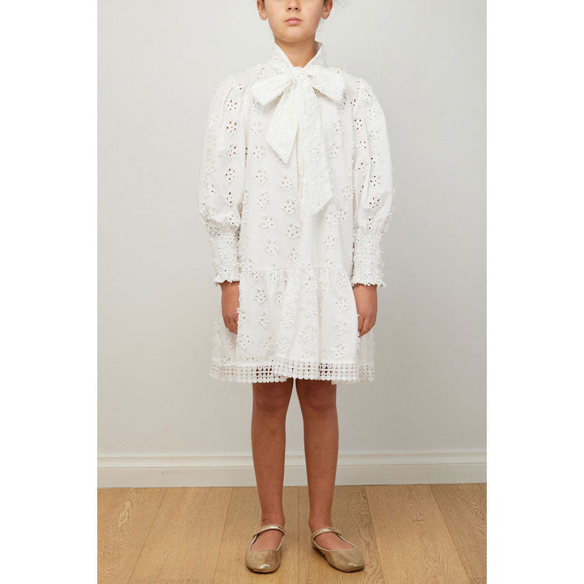 Petite Amalie White Daisy Embroidered Bow Dress