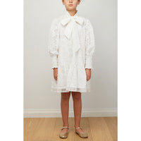 Petite Amalie White Daisy Embroidered Bow Dress