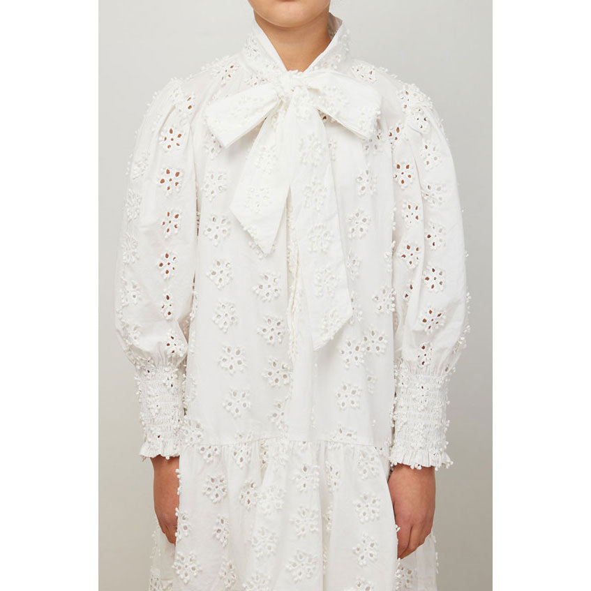 Petite Amalie White Daisy Embroidered Bow Dress