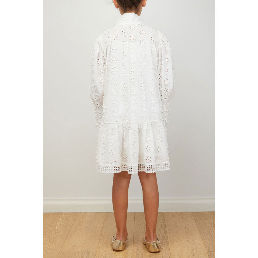 Petite Amalie White Daisy Embroidered Bow Dress