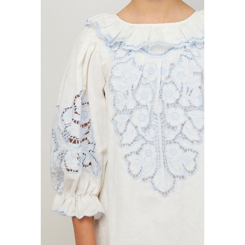 Petite Amalie White/Blue Linen Cut Out Dress