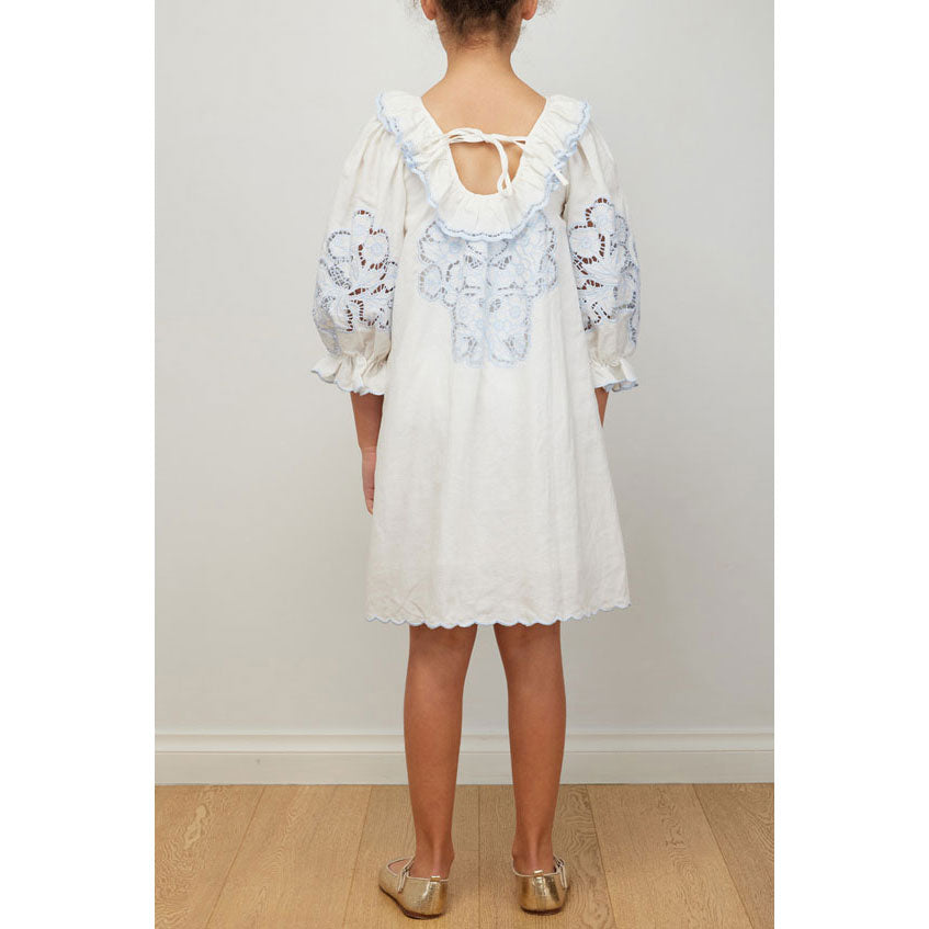 Petite Amalie White/Blue Linen Cut Out Dress