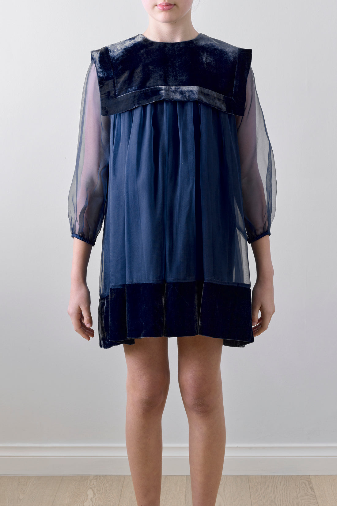 Petite Amalie Navy Lily Velvet Organza Dress