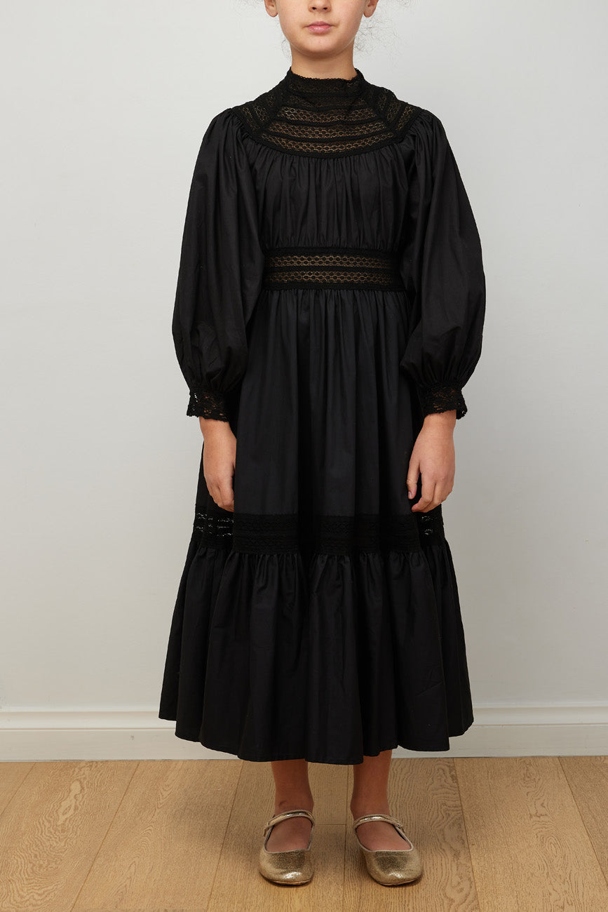 Petite Amalie Black High Lace Neck Poplin Dress