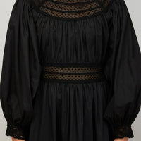 Petite Amalie Black High Lace Neck Poplin Dress