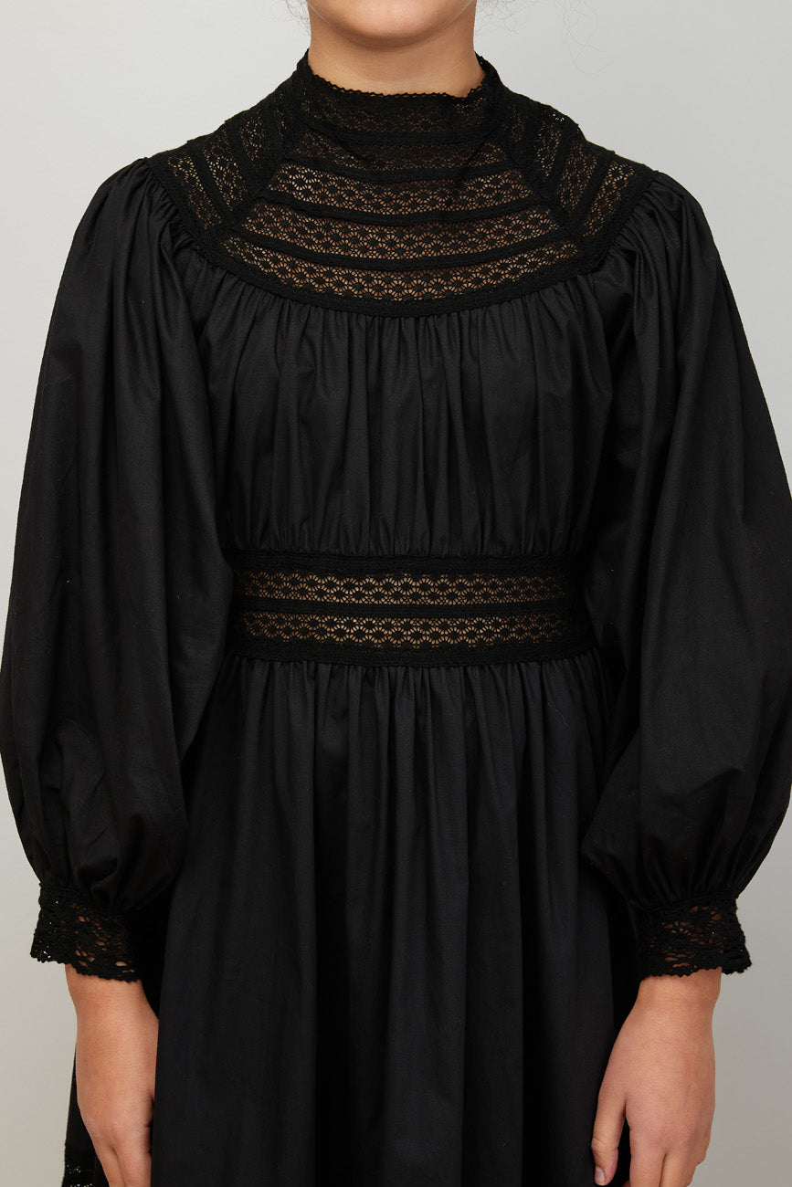 Petite Amalie Black High Lace Neck Poplin Dress