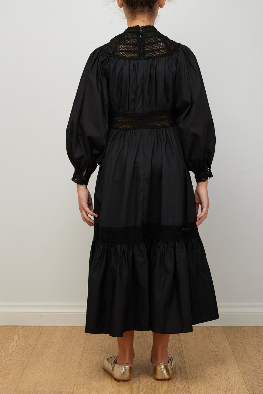 Petite Amalie Black High Lace Neck Poplin Dress