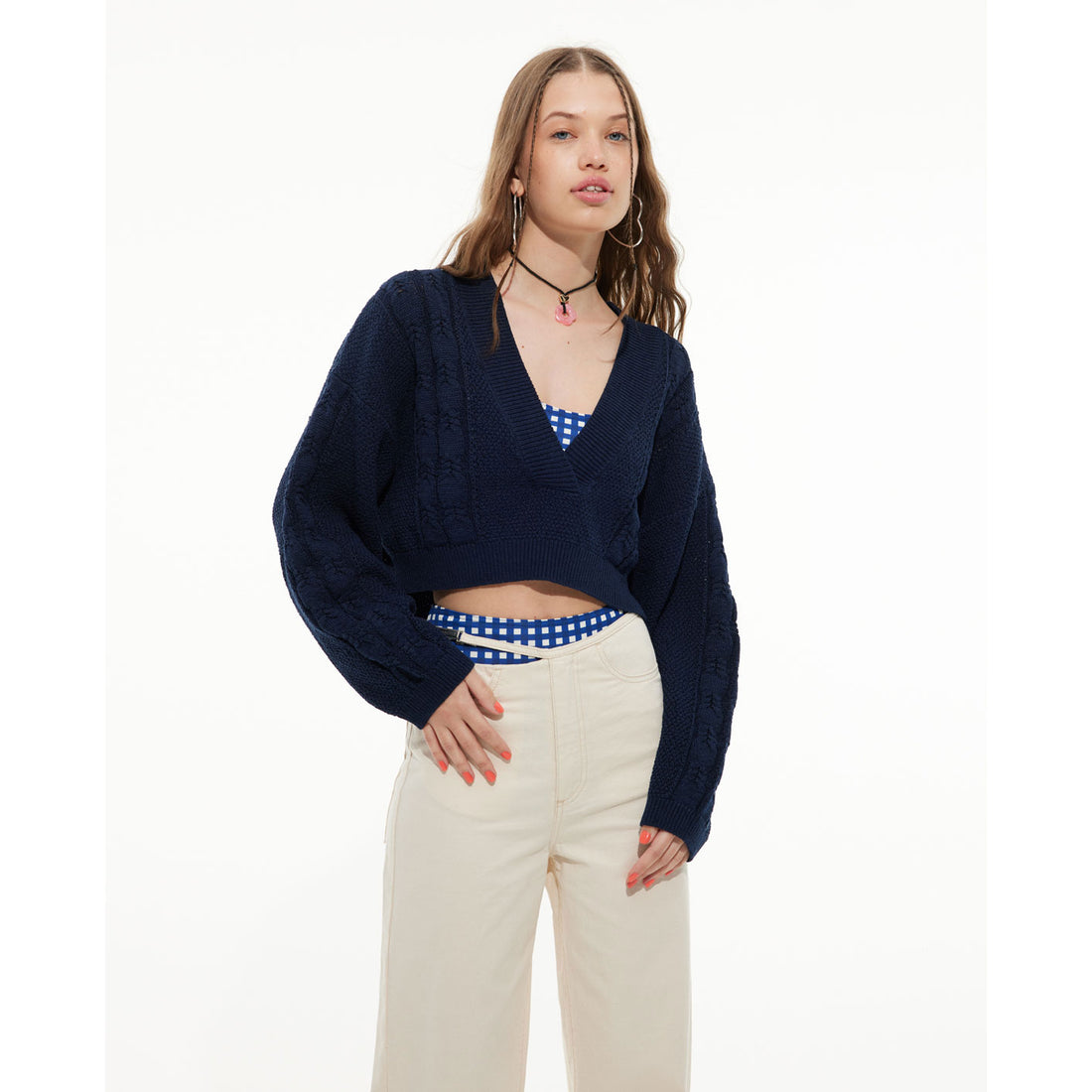 Les Coyotes De Paris Navy Knitted Cropped V-Neck Jumper