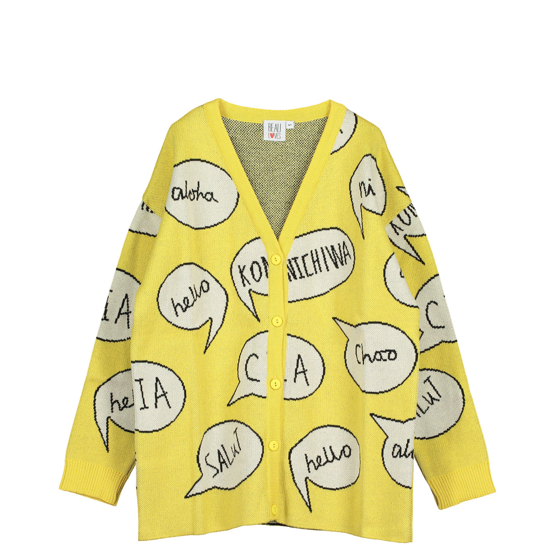 Beau Loves Yellow Speech Bubble Oversized Knit Cardigan