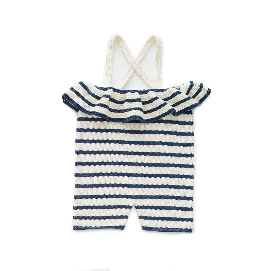 Oeuf White/Navy Stripes Ruffle Knit Romper