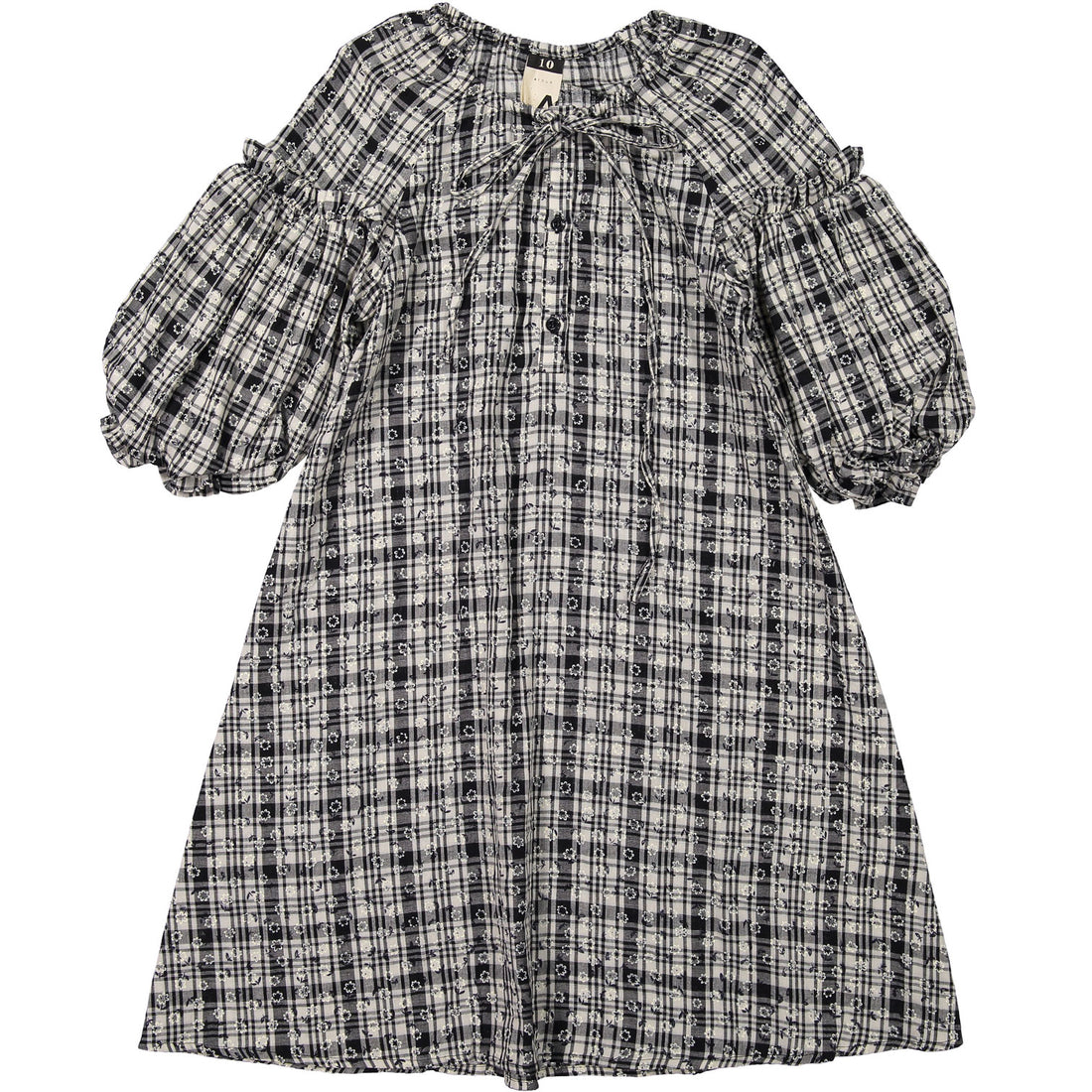 A4 Black Gingham Check Puff Sleeve Dress