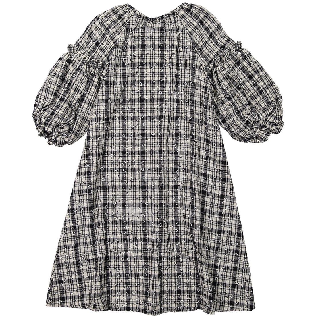 A4 Black Gingham Check Puff Sleeve Dress