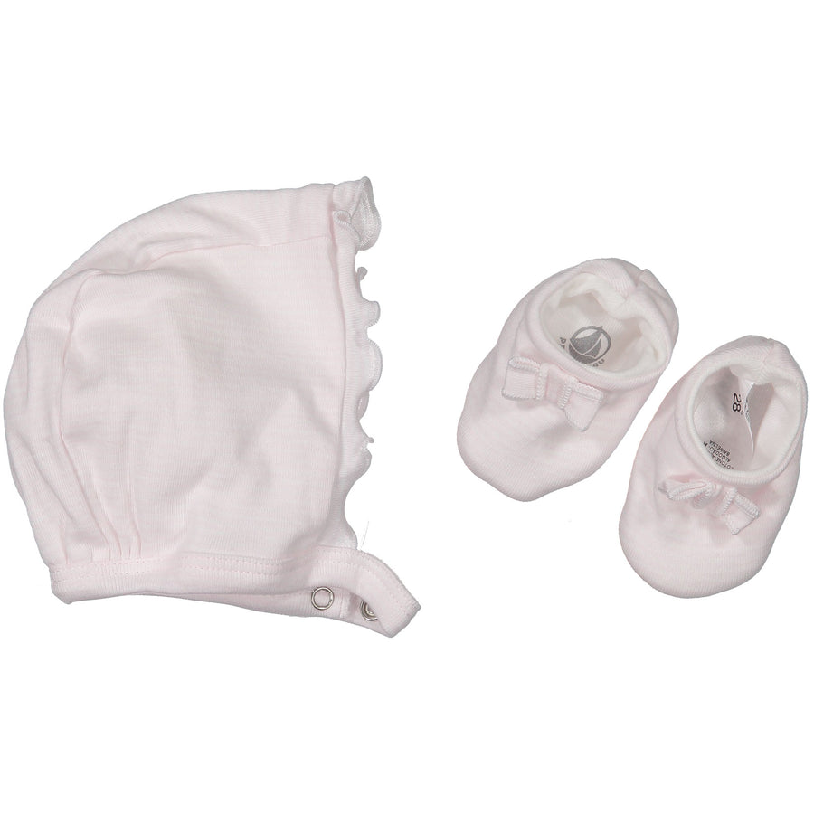 Petit Bateau Pink Striped Bonnet and Booties