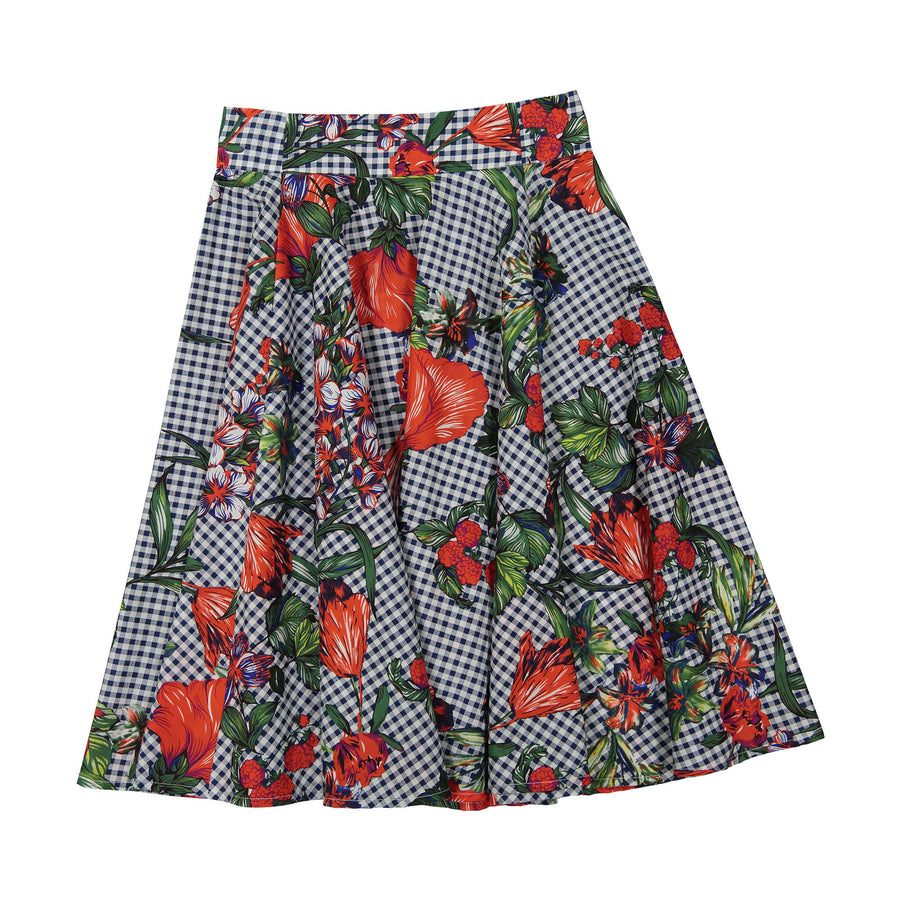 Ava and Lu Blue Check/Floral Flair Skirt