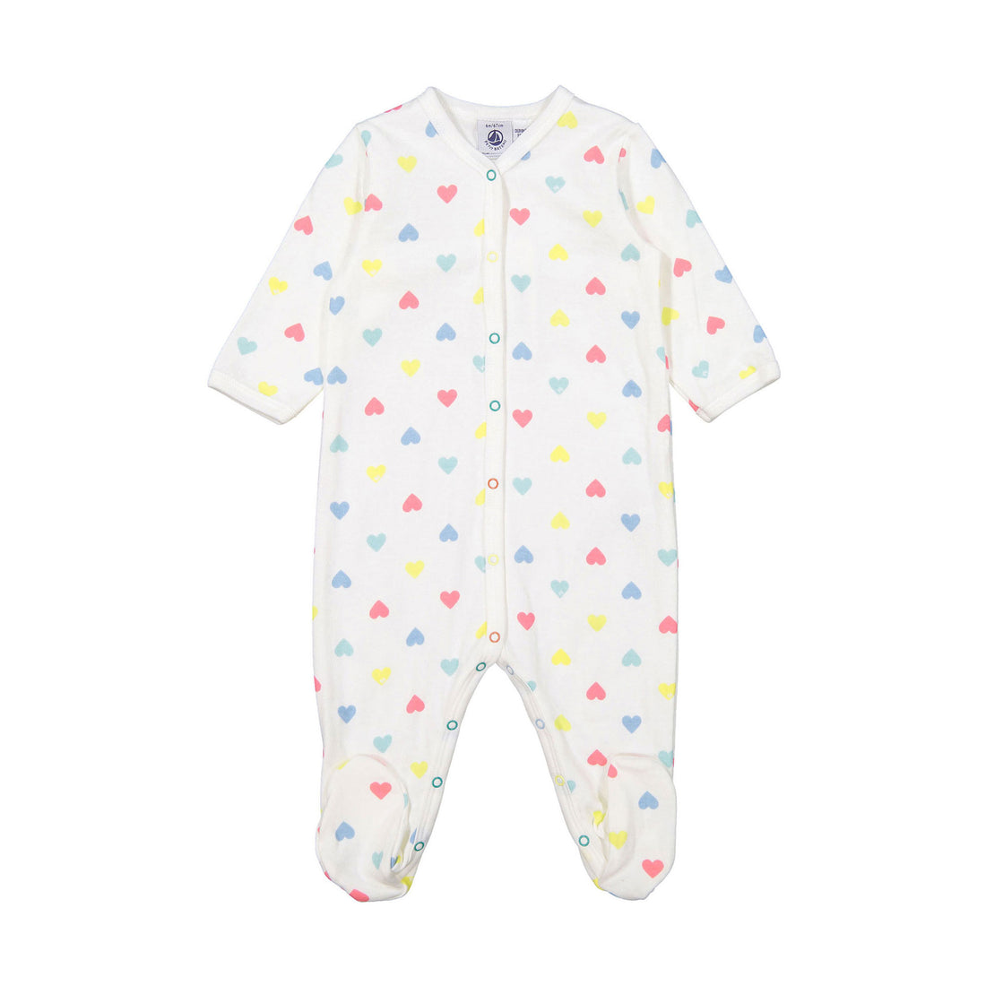Petit Bateau White Multi Hearts Front Snap Footie