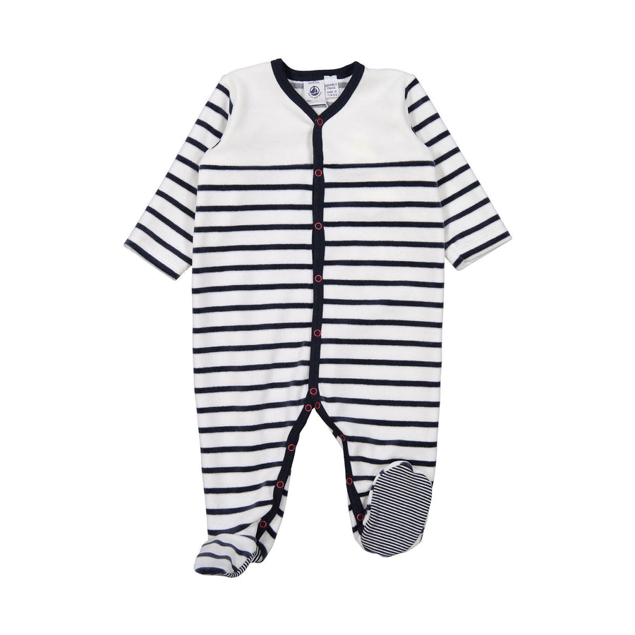 Petit Bateau Navy Velour Stripe Front Snap Footie