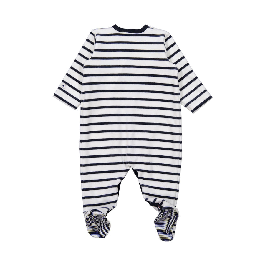 Petit Bateau Navy Velour Stripe Front Snap Footie
