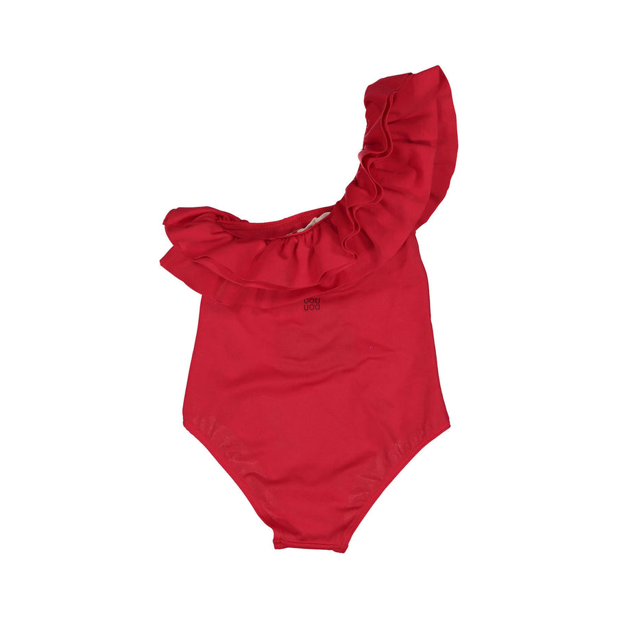 DOUDOU Red Ruffle One-Shoulder Swimsuit
