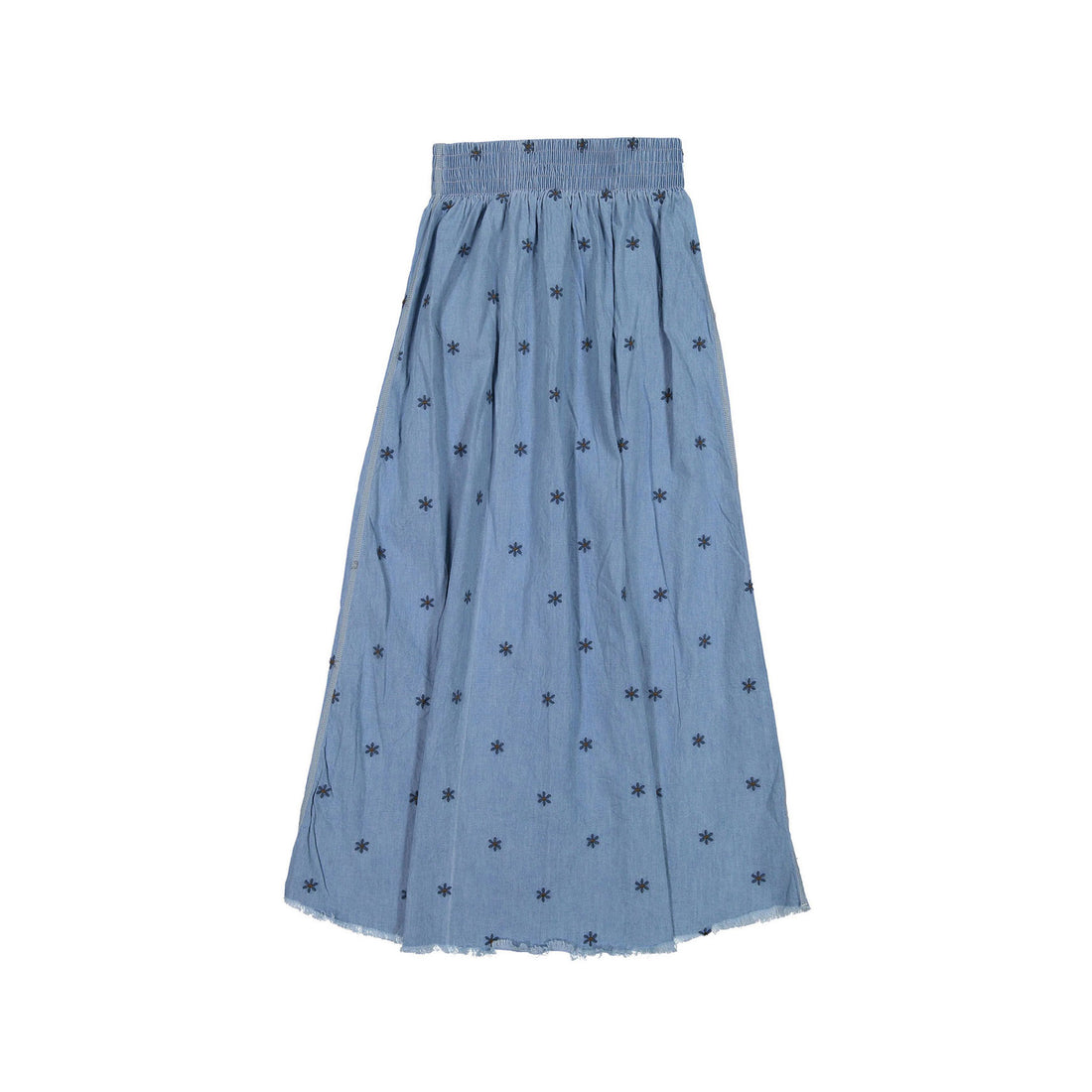 FYI Light Denim Embroidered Smocked Long Flowers Skirt