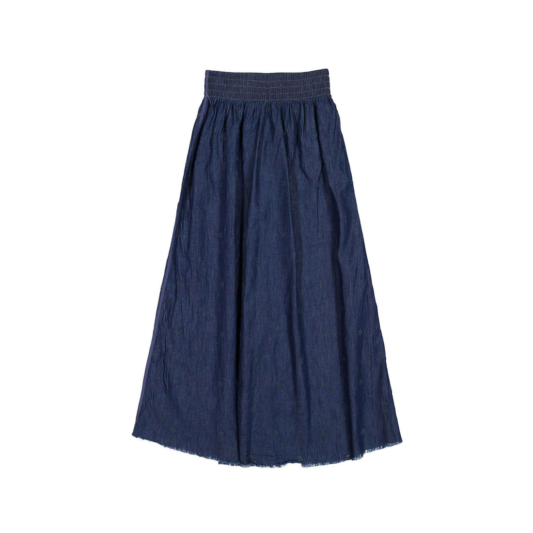 FYI Dark Denim Embroidered Smocked Flowers Maxi Skirt