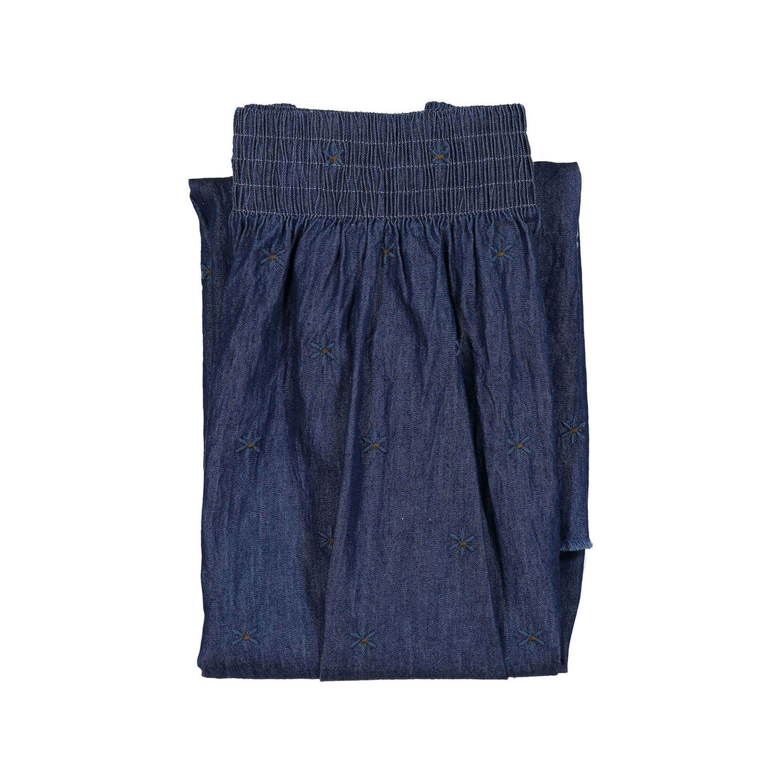 FYI Dark Denim Embroidered Smocked Flowers Maxi Skirt