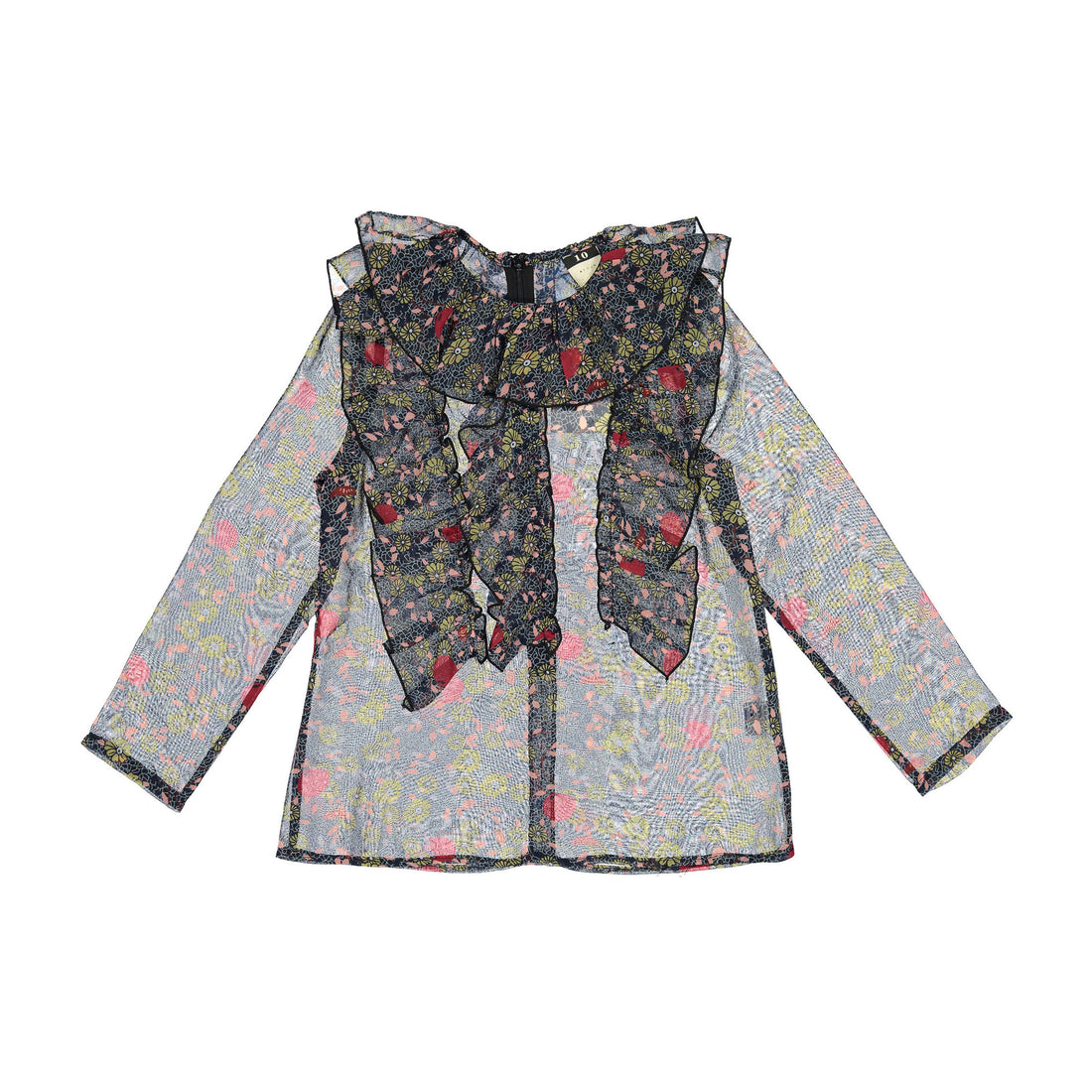 A4 Blue Sheer Floral Ruffle Blouse