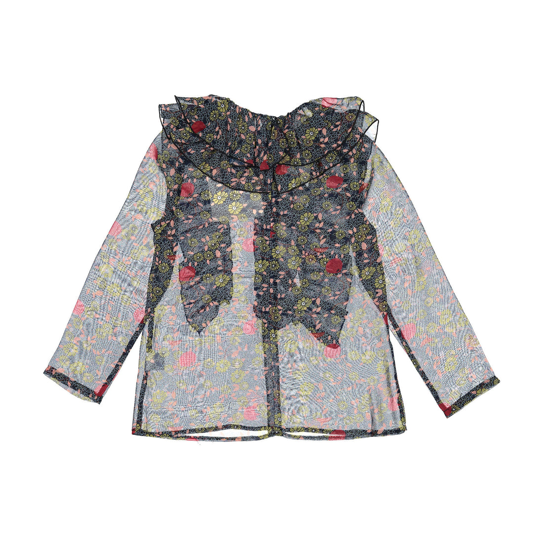 A4 Blue Sheer Floral Ruffle Blouse