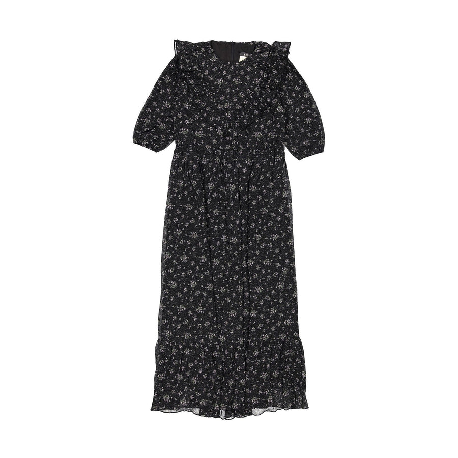 A4 Black Floral Print Ruffle V Dess