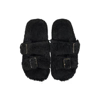 Delfina Black Fuzzy Double Strap Slippers