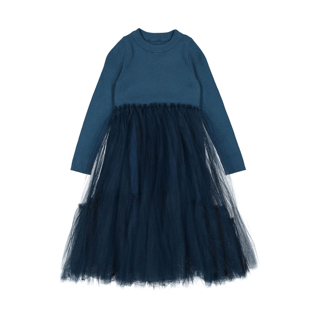 JNBY Blue Long Sleeve Knit Tulle Dress
