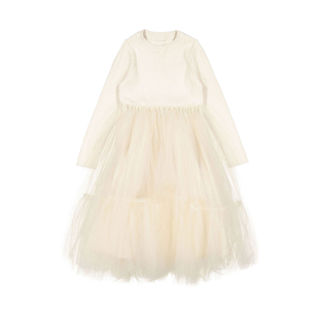 JNBY Off White Long Sleeve Knit Tulle Dress