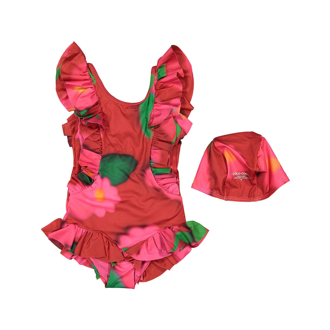 JNBY Pink Floral Ruffled Swimsuit + Cap