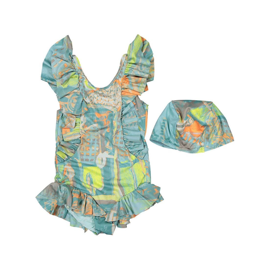 JNBY Blue Ruffled Swimsuit + Cap