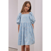 Steph Chambray/Pink Embroidered Puff Sleeve Dress