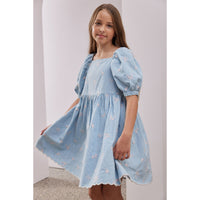 Steph Chambray/Pink Embroidered Puff Sleeve Dress