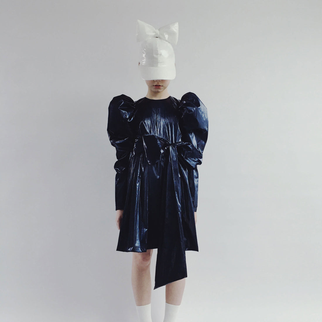 Caroline Bosmans Dark Blue Shiny Waisted Bow Dress