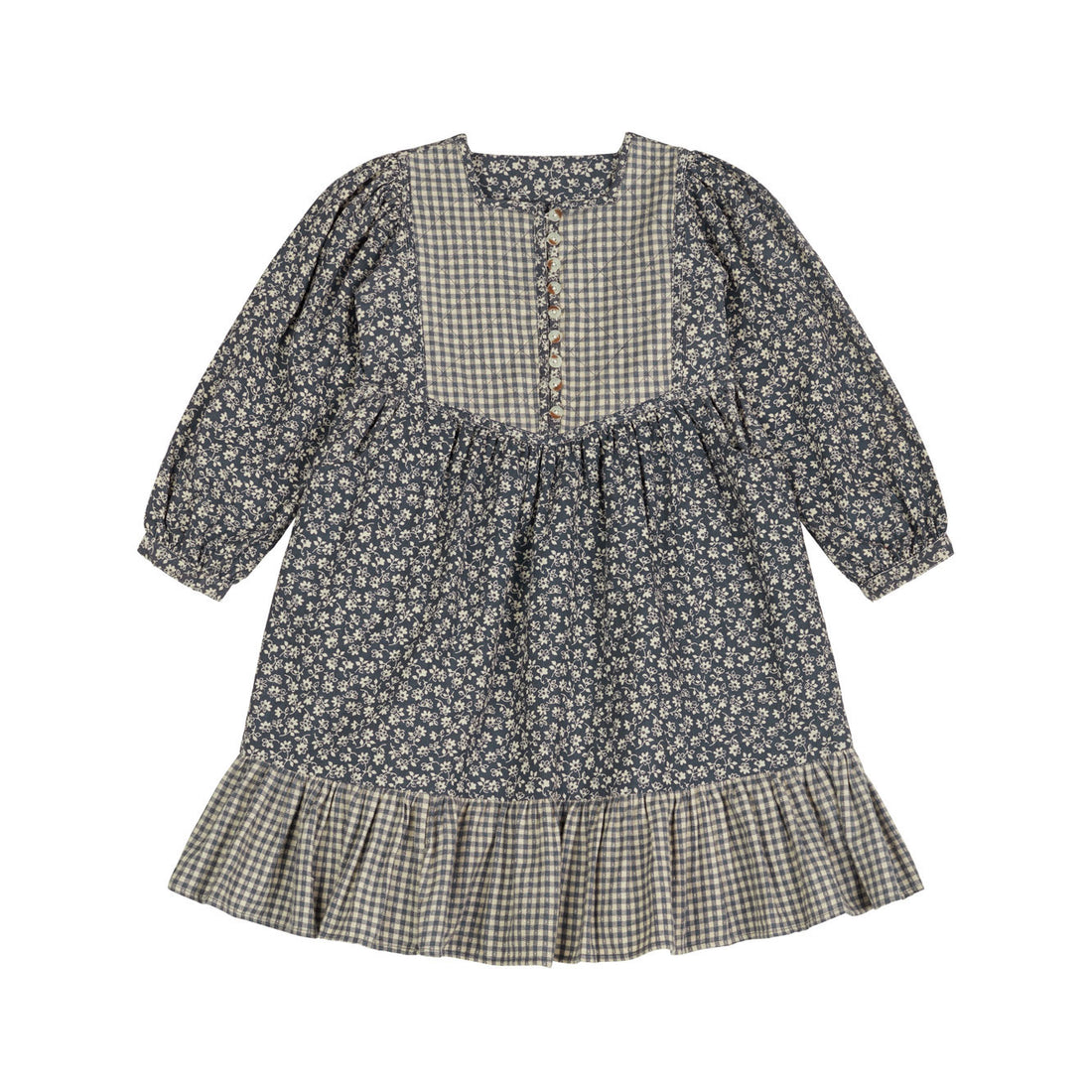 Little Cotton Clothes Cove Blue Floral/Flannel Check Forget Me Not Heather Dress