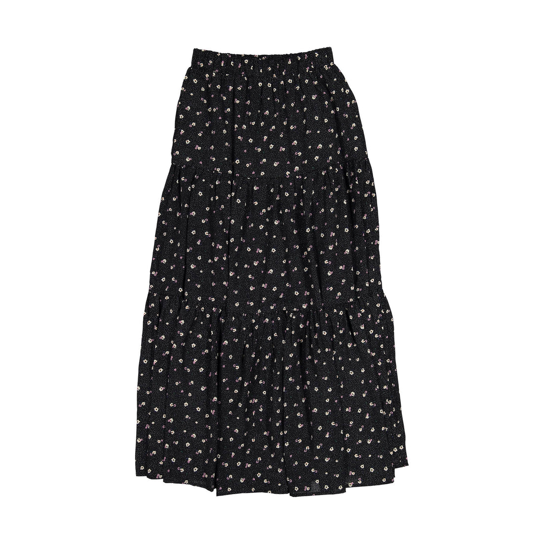 Ava and Lu Black Floral Tiered Maxi Skirt