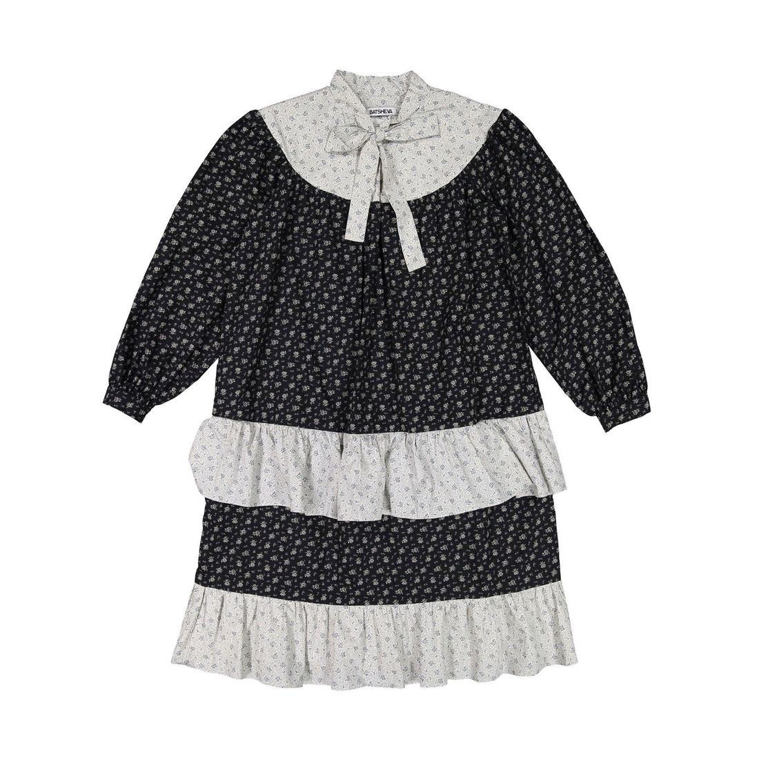 Batsheva Fifi Tie Neck Long Sleeve Dress in Black And White Floral at Nordstrom, Size 2