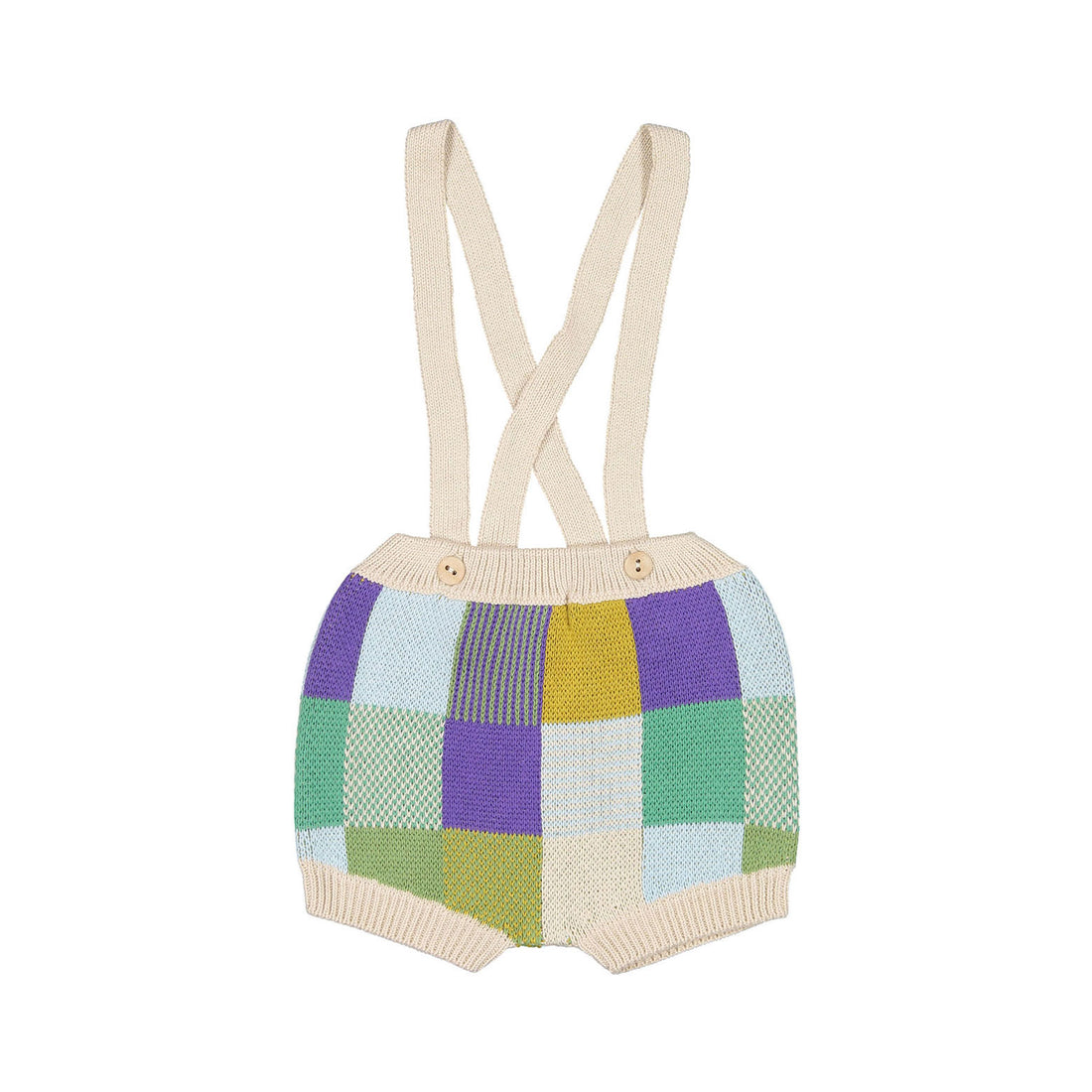 Oeuf Patchwork Suspender Shorts - Eggshell/Patchwork