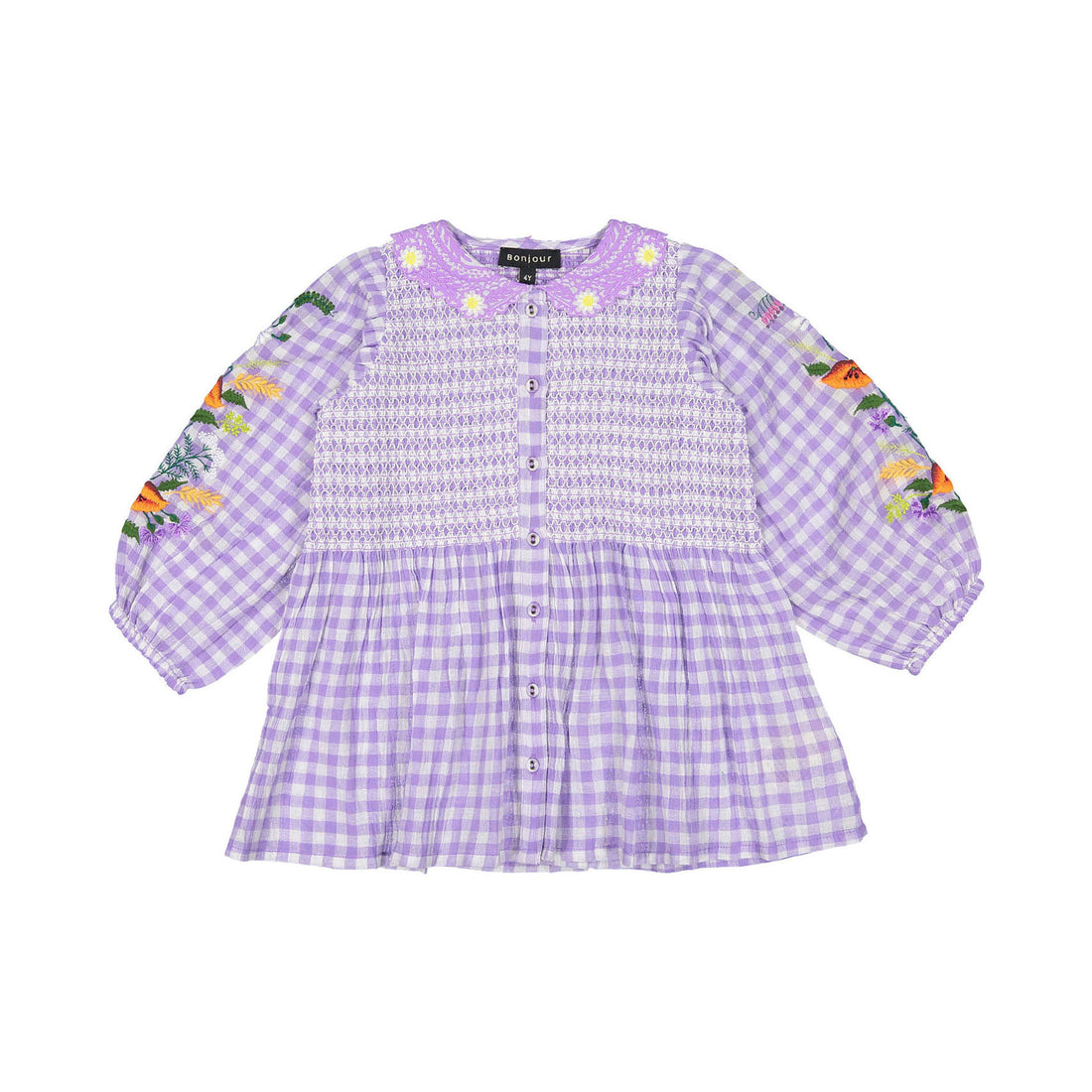 Bonjour Tunique Blouse With Embrloidery Collar & Sleeve - Violet Gingham Crepon Voile