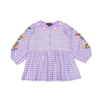 Bonjour Tunique Blouse With Embrloidery Collar & Sleeve - Violet Gingham Crepon Voile