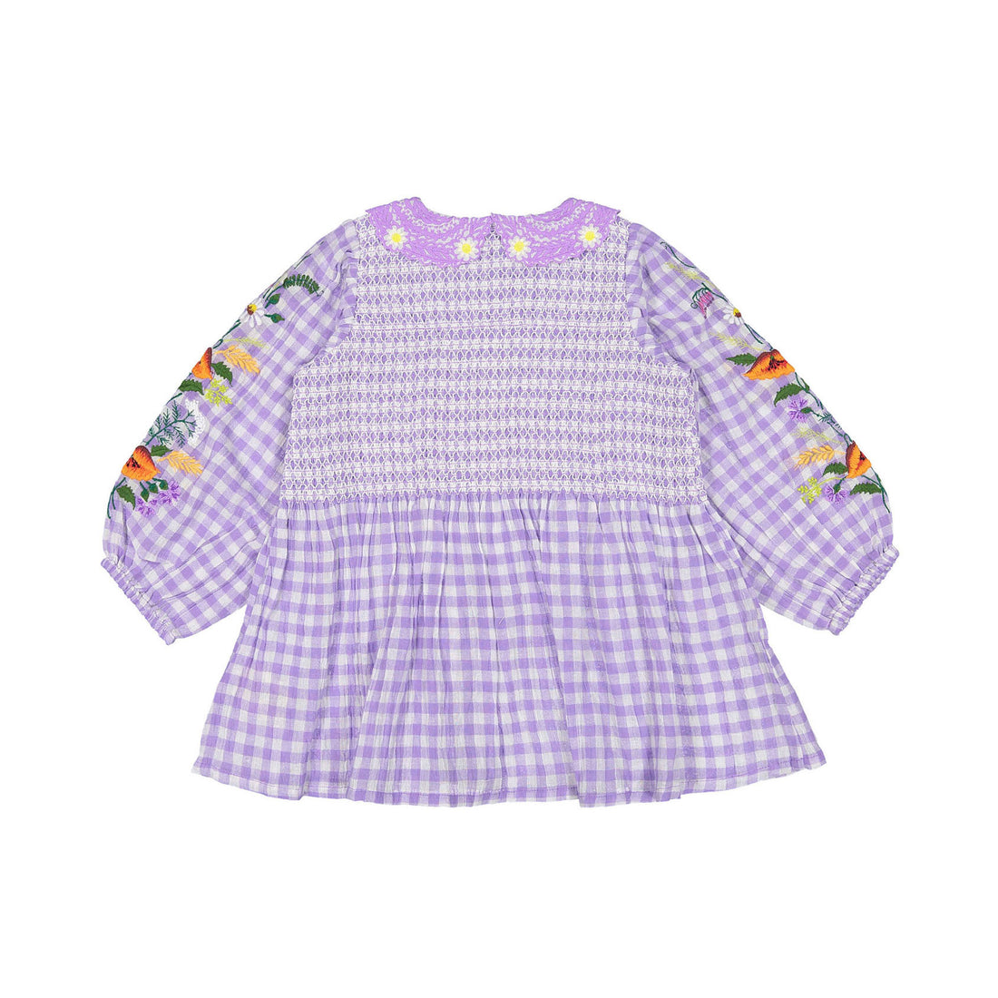 Bonjour Tunique Blouse With Embrloidery Collar & Sleeve - Violet Gingham Crepon Voile