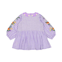 Bonjour Tunique Blouse With Embrloidery Collar & Sleeve - Violet Gingham Crepon Voile