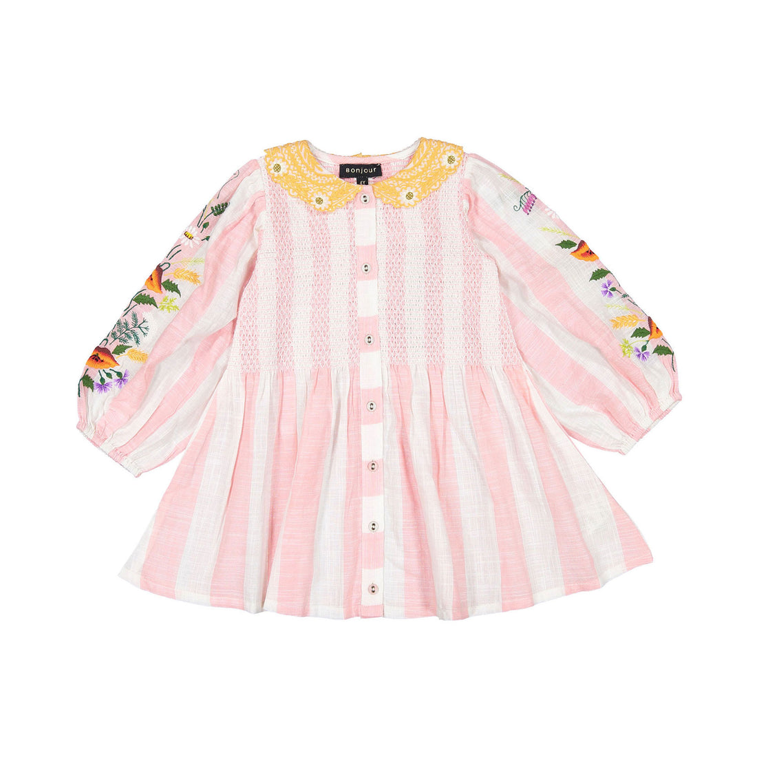 Bonjour Tunique Blouse With Embrloidery Collar & Sleeve - Pink Stripe Fabric