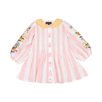 Bonjour Tunique Blouse With Embrloidery Collar & Sleeve - Pink Stripe Fabric
